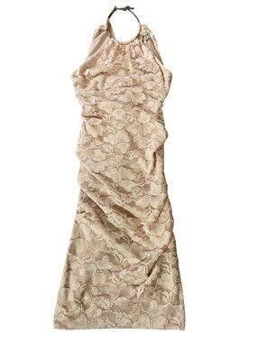 Cache Blush Pink Lace Halter Neck Dress Metal Accent Neckline Size 6
